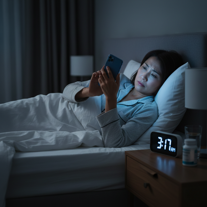 새벽 3시에 스마트폰을 보는 갱년기 수면장애 여성
