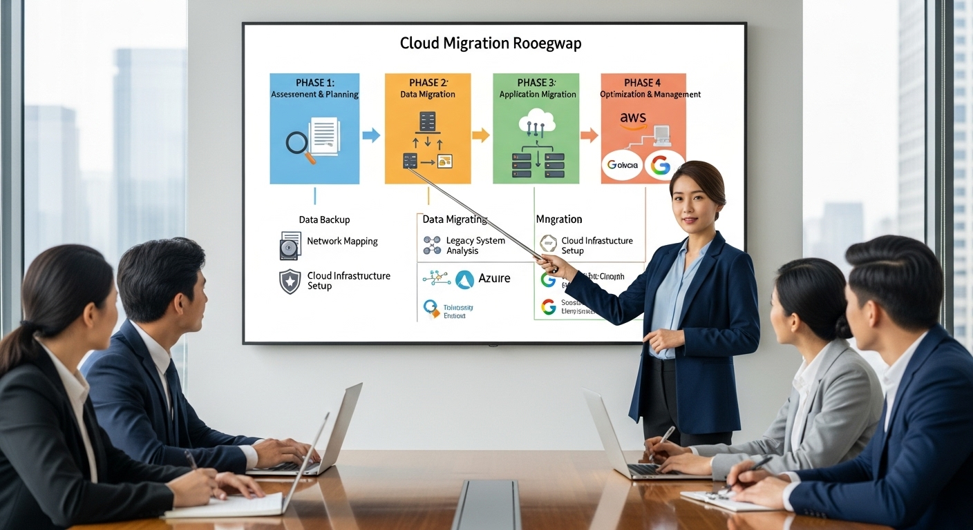 a cloud migration roadmap in a conference room