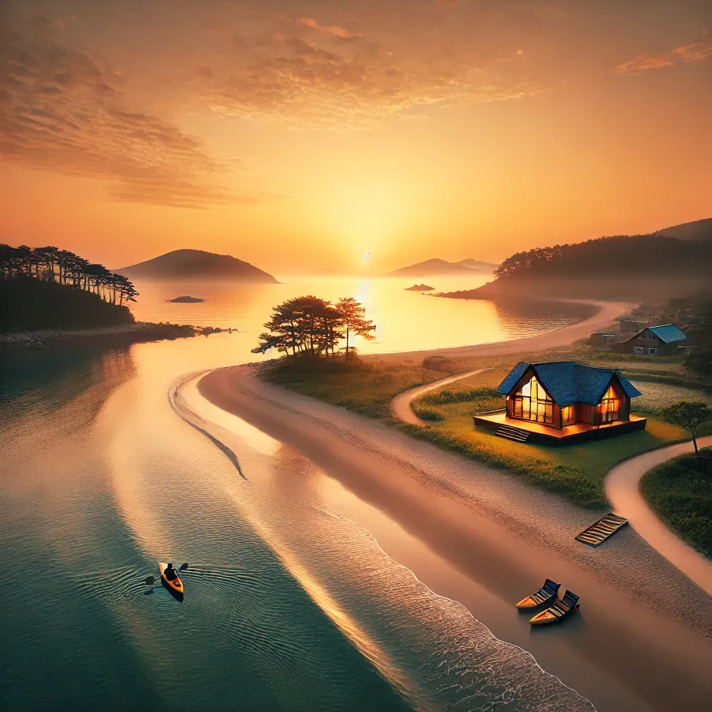 남해-바다와-친환경-숙소를-배경으로-한-고요한-일출-풍경