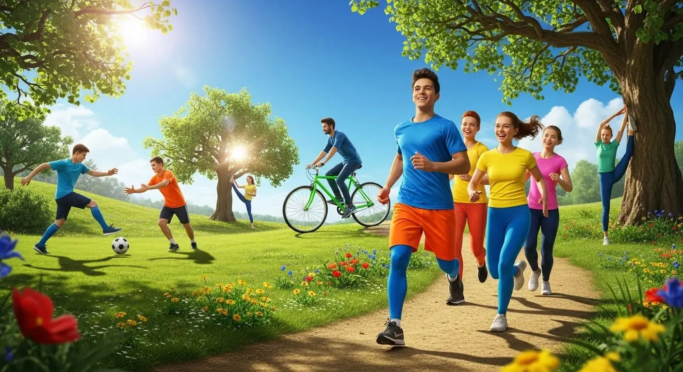 청소년들이 함께 운동하며 건강하고 활기찬 생활을 하는 모습, 약물 없이도 가능한 건강한 체중 관리법을 상징하는 이미지.