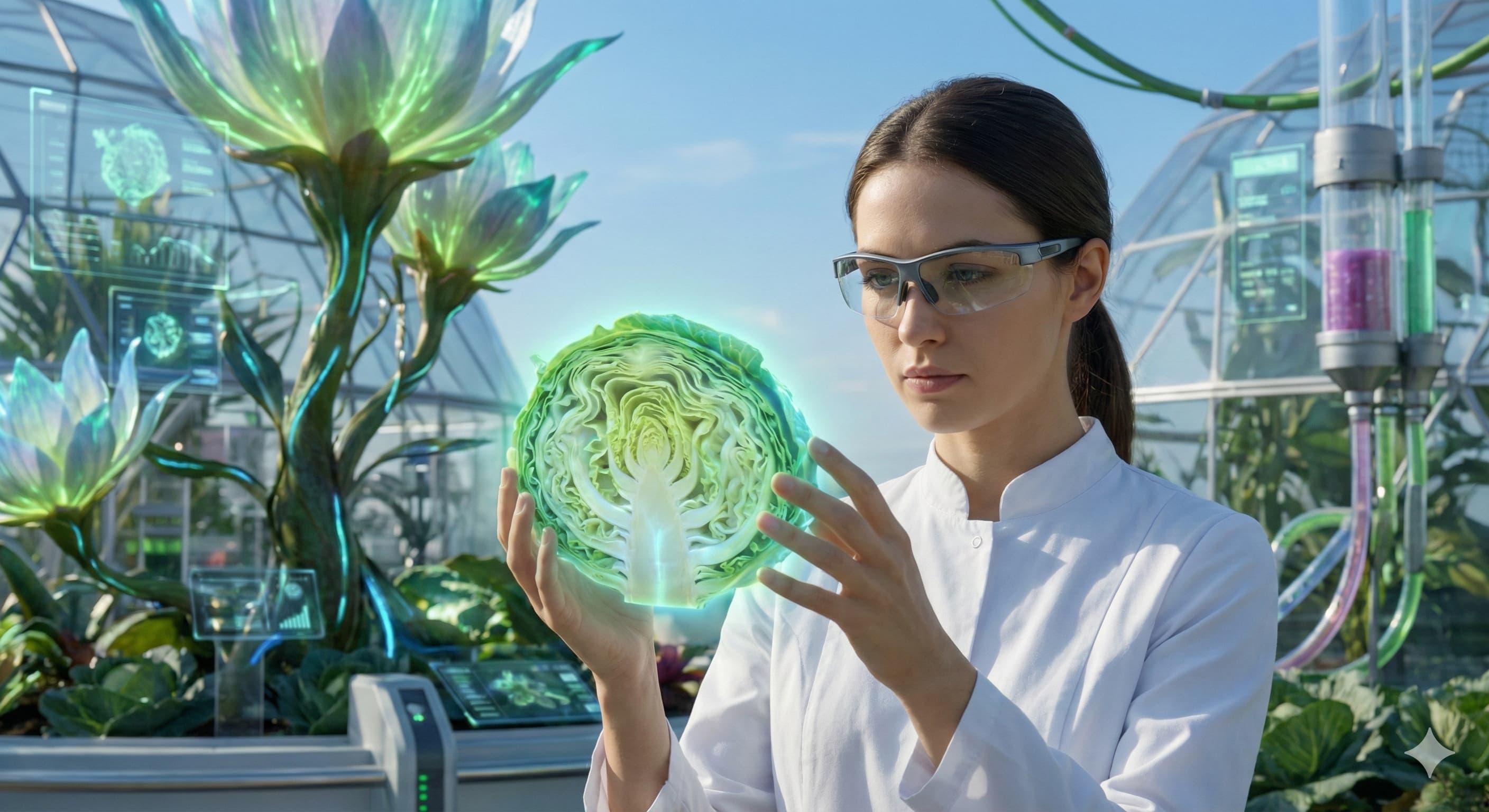 미래지향적 자연 정원에서 양배추의 신선함을 관찰하는 지적인 여성 모델