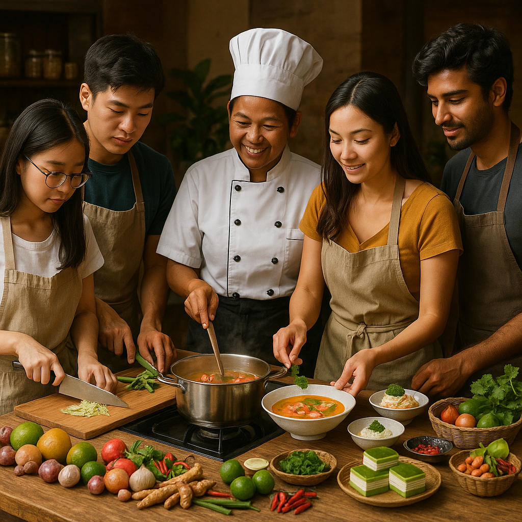 다섯 명의 참가자가 태국 셰프와 함께 신선한 허브와 재료로 똠얌꿍을 요리하는 모습