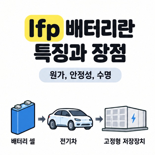 lfp 배터리란 특징과 장점 제목과 원가, 안정성, 수명이라는 문구 아래 배터리 셀과 전기차, 고정형 저장장치를 화살표로 연결한 대표 이미지