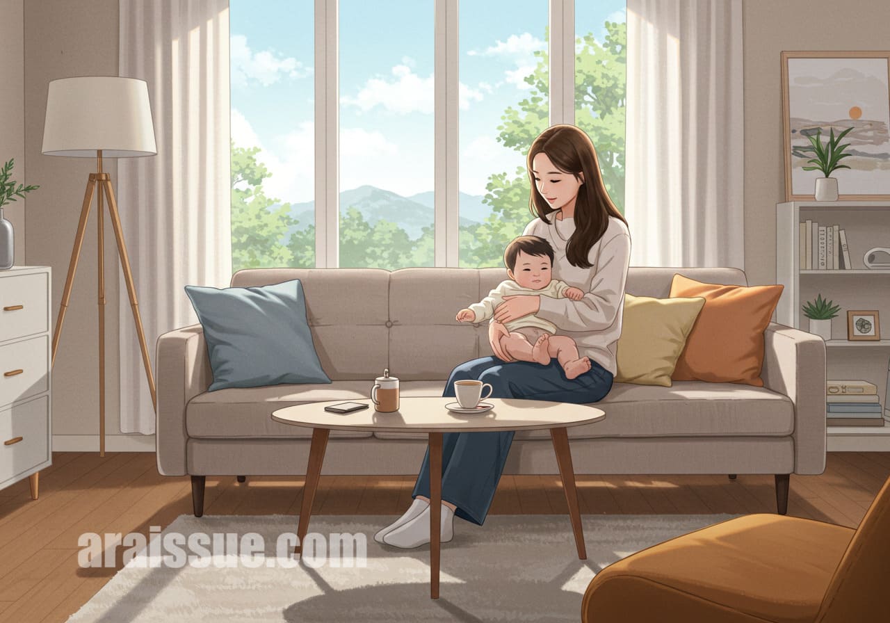 현대적인 거실에서 아기를 품에 안고 있는 엄마