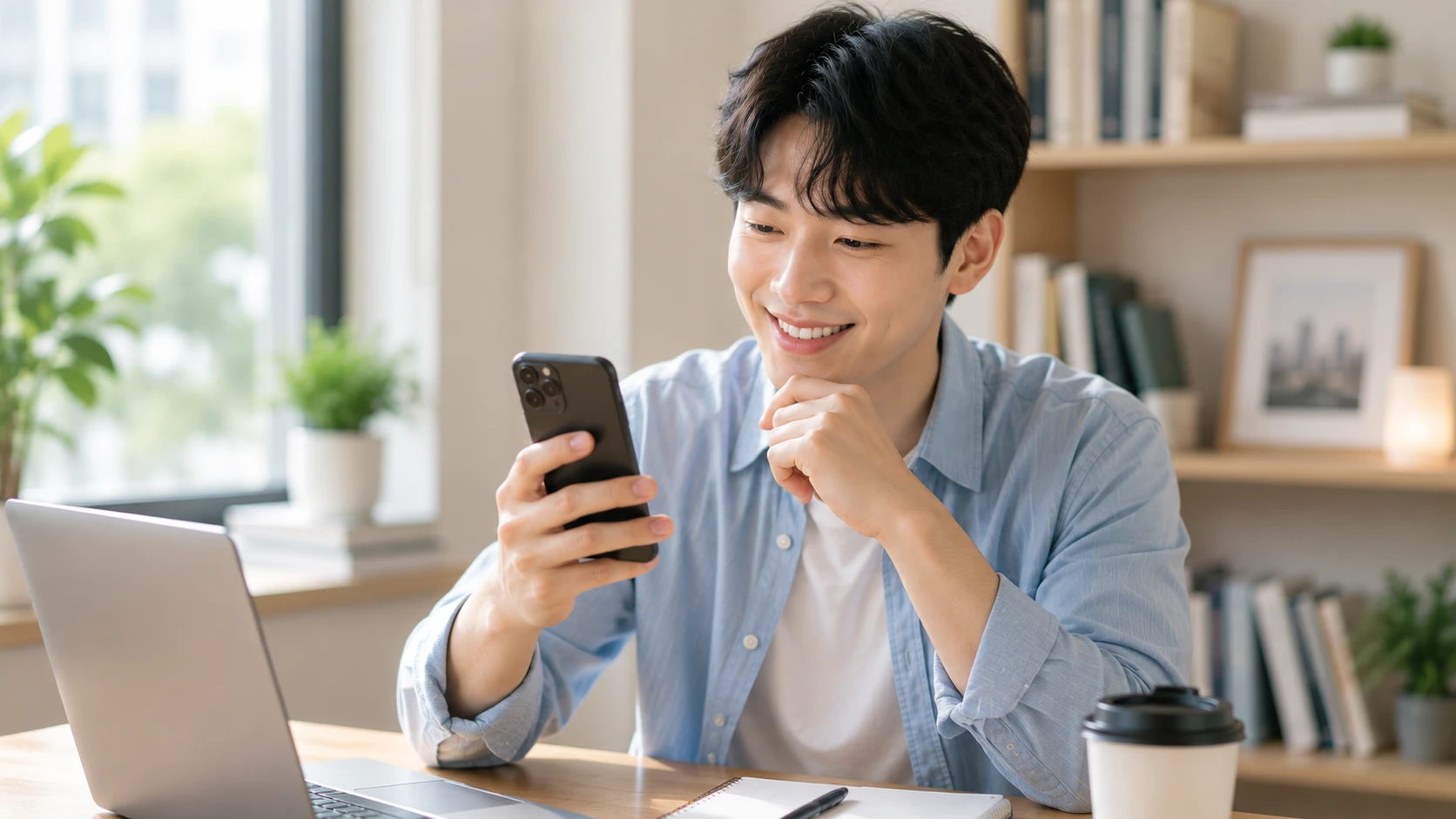 청년주택드림청약통장 혜택을 스마트폰으로 확인하는 청년 남성 모습