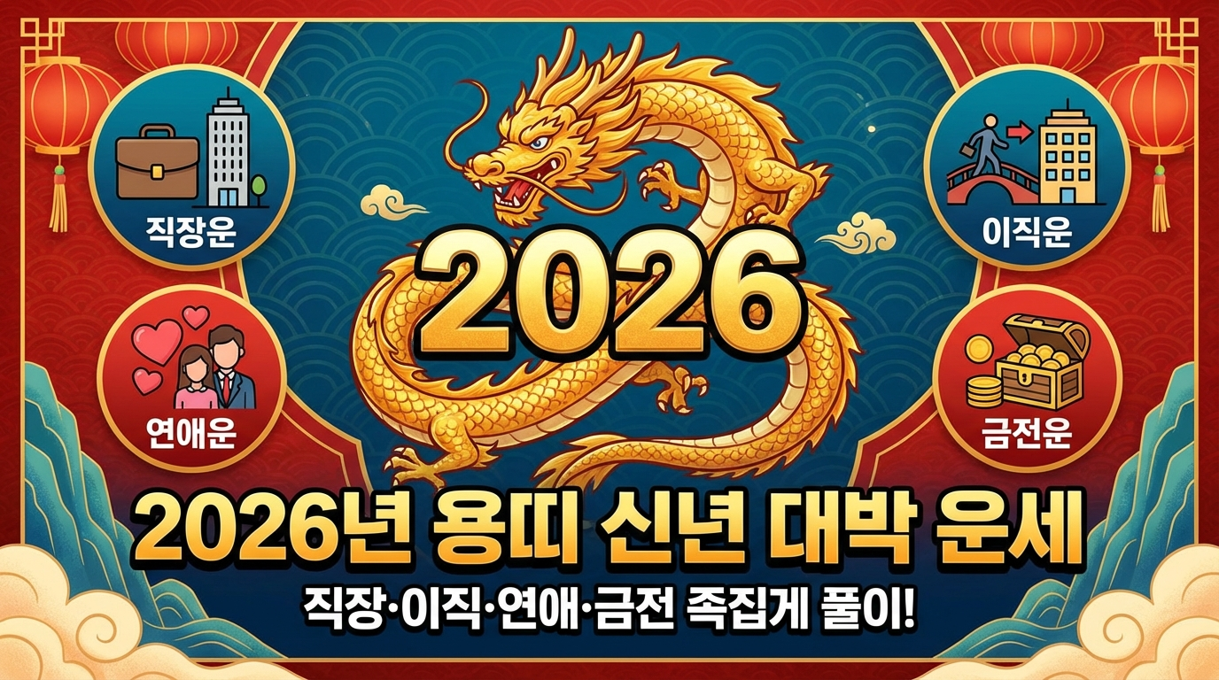 2026년 병오년 용띠 신년운세 완벽 분석! 직장운 승진 기회, 이직 최적 타이밍, 연애운 결혼운, 금전운 재물운까지. 3월·7월·11월 길운 활용법과 9월 주의사항, 나이별 상세 운세 총정리. 지금 확인하세요!