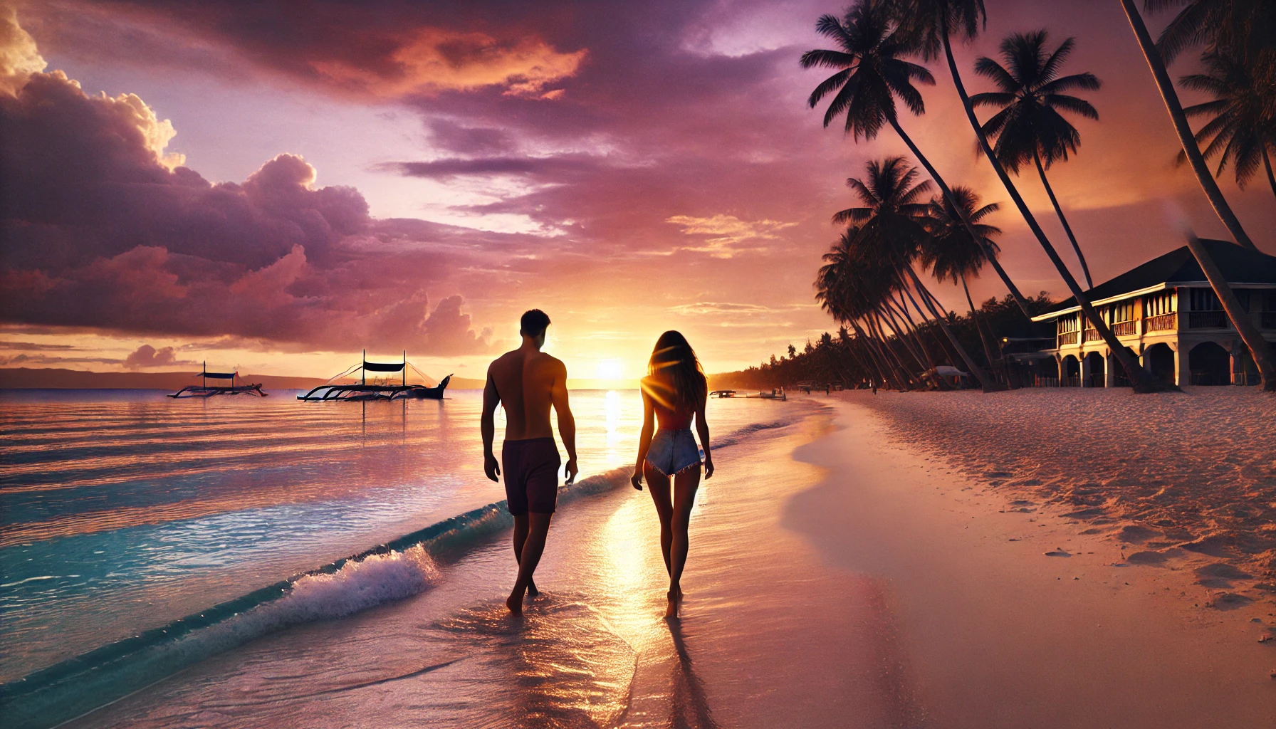 알로나 비치에서 노을을 감상하며 산책하는 커플 모습