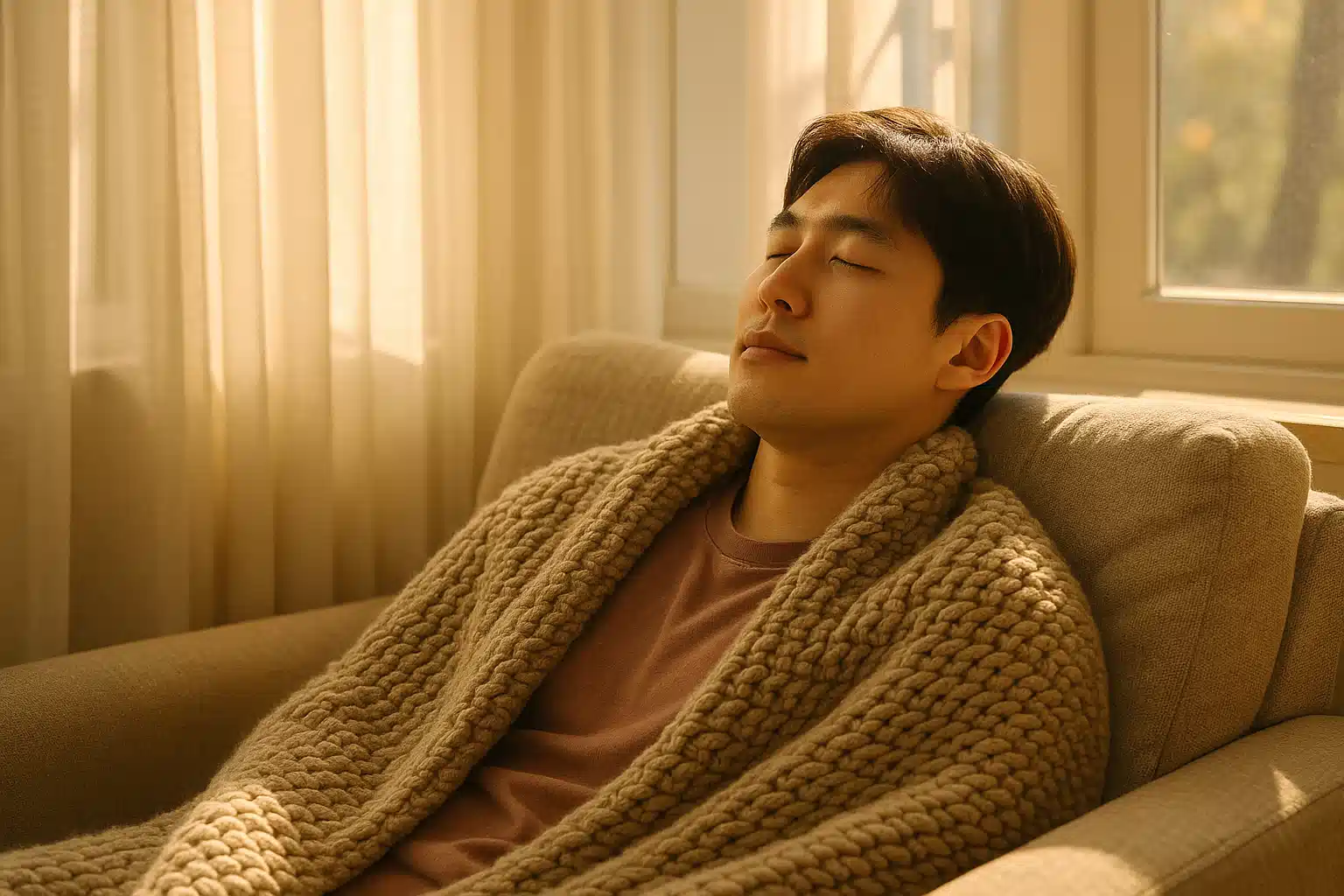 따뜻한 담요를 덮고 편안하게 쉬는 사람