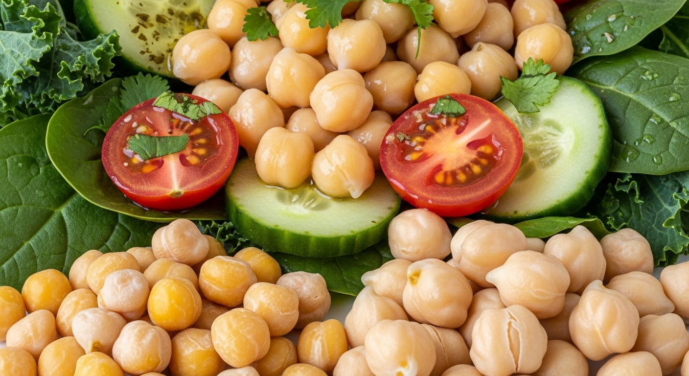 다양한 형태로 준비된 병아리콩과 신선한 채소 샐러드, 풍부한 식이섬유와 단백질을 강조합니다.