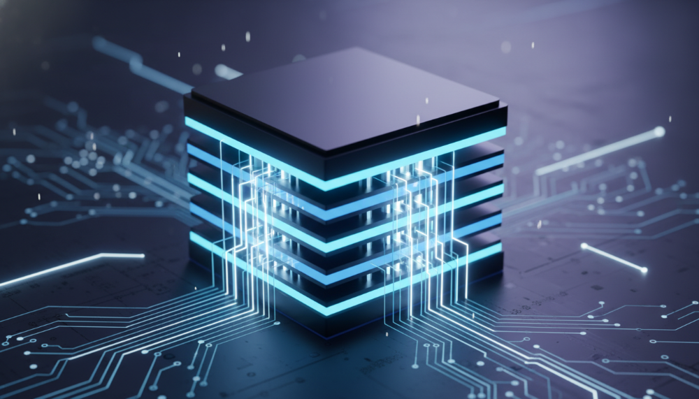 HBM 구조: D램을 수직으로 적층하여 데이터 처리 속도를 높인 고대역폭 메모리 시각화