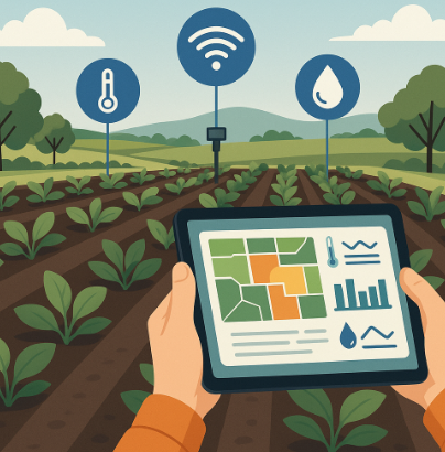 태블릿 화면에 재배 환경맵이 표시된 채 밭에서 데이터를 확인하는 농부의 모습