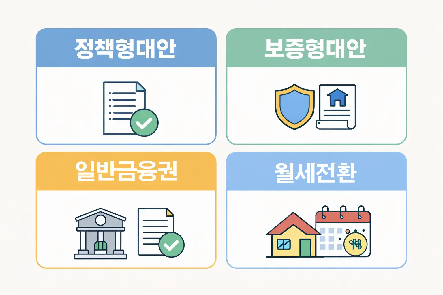 버팀목전세자금대출 대체 상품을 찾을 때 정책형대안과 보증형대안, 일반금융권, 월세전환 순서로 검토하도록 보여주는 이미지