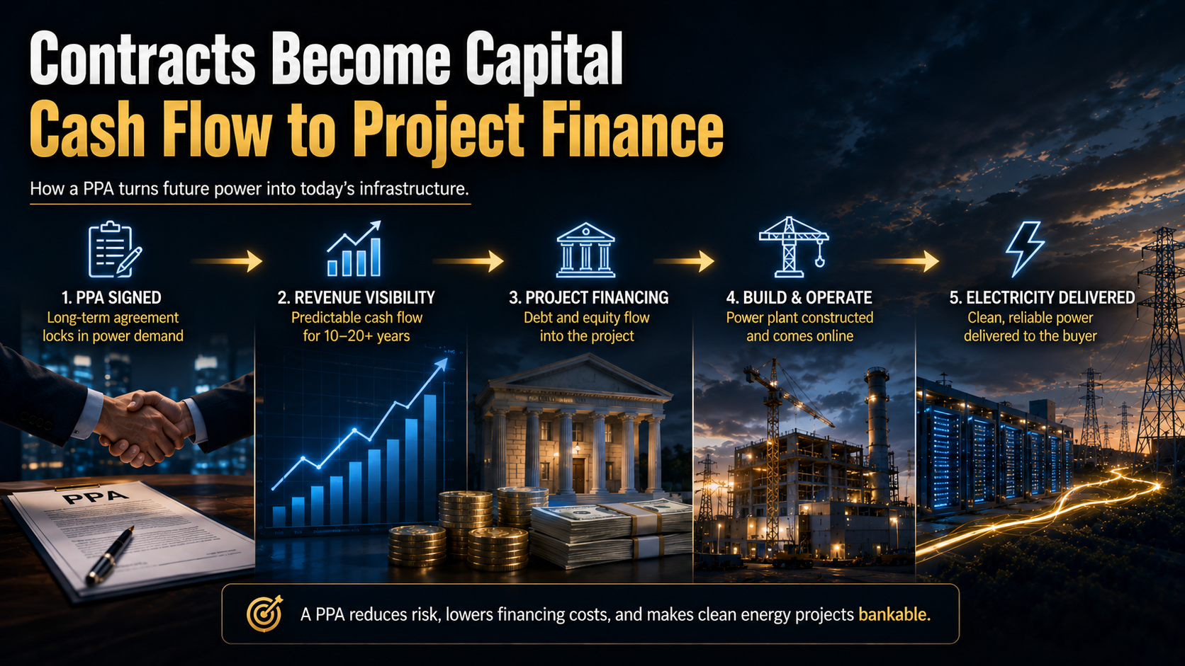 PPA cash flow supporting project financing, power plant construction, and long-term electricity delivery