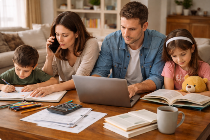 맞벌이 가구에서 부모가 재택근무와 자녀 돌봄을 동시에 진행하는 모습