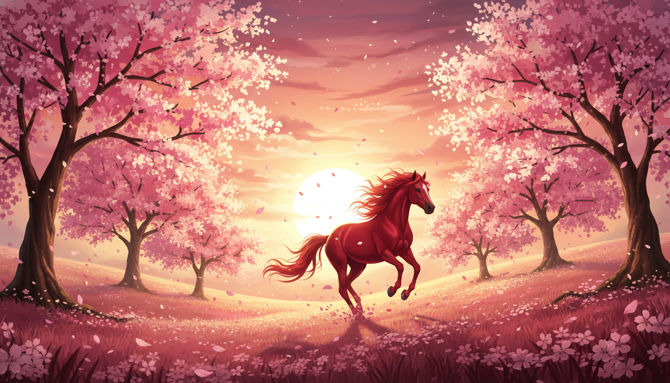 2026년 병오년을 상징하는 벚꽃 밭 속을 달리는 강렬한 붉은 말의 이미지
