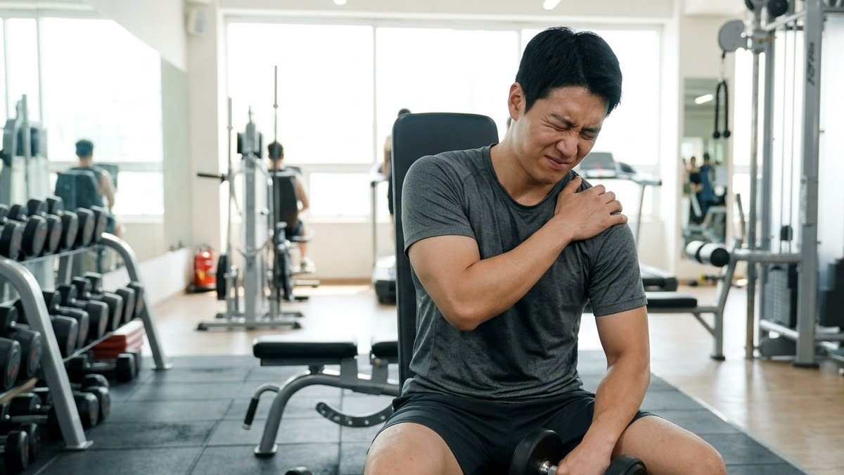 헬스장에서 덤벨을 들다 어깨 통증에 동작을 멈춘 남성