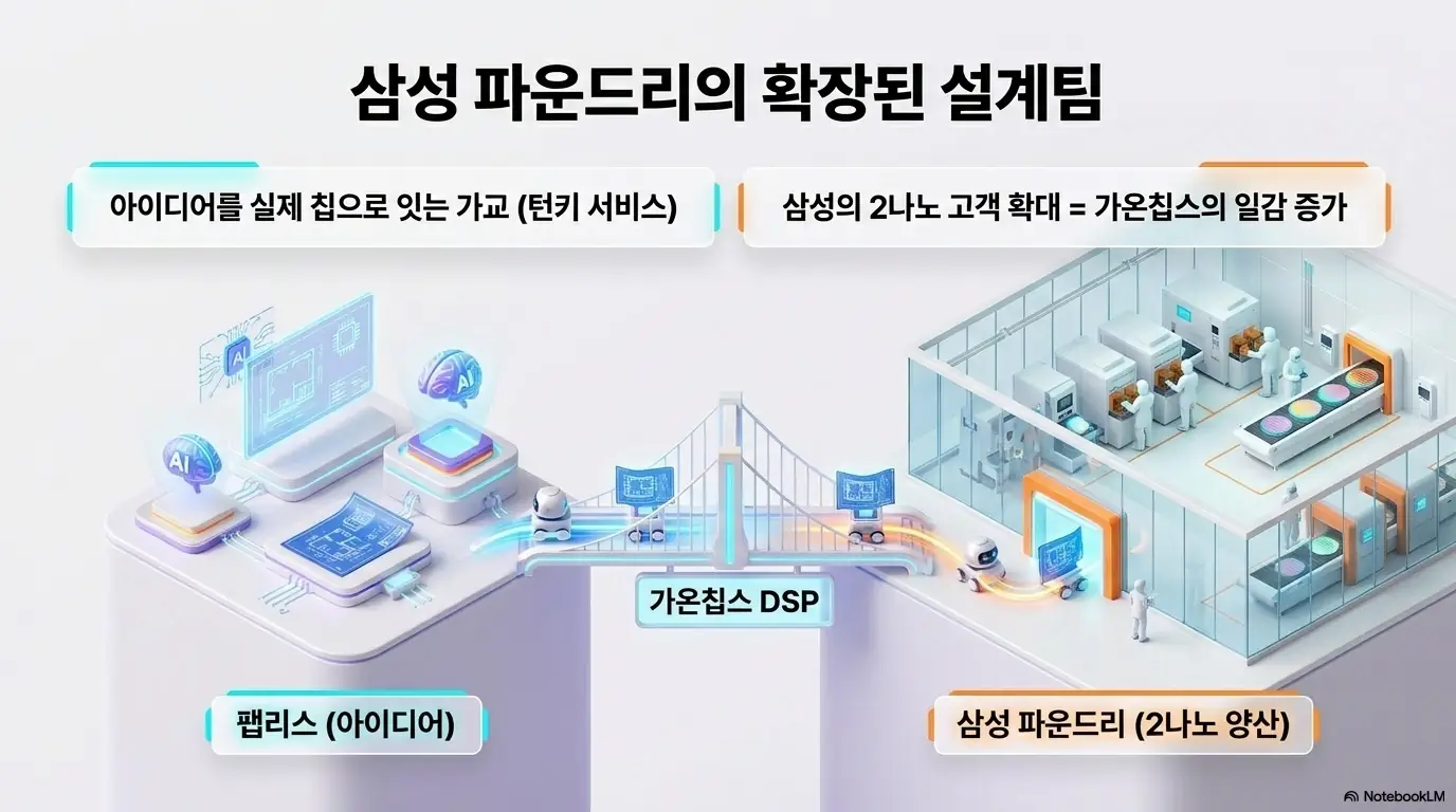 가온칩스 주가 전망: 팹리스의 아이디어와 삼성 파운드리 2나노 양산 라인을 다리로 잇는 가온칩스 DSP 구조를 표현한 인포그래픽. 가온칩스가 삼성 파운드리의 확장된 설계팀으로서 턴키 서비스를 제공하고 삼성 2나노 고객 확대가 일감 증가로 이어진다는 점을 시각적으로 전달하며, 가온칩스 사업 구조를 설명함.