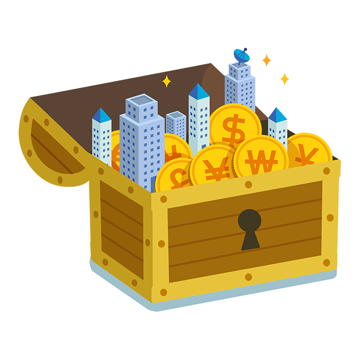 상자에 건물들과 화폐들이 들어있는 일러스트