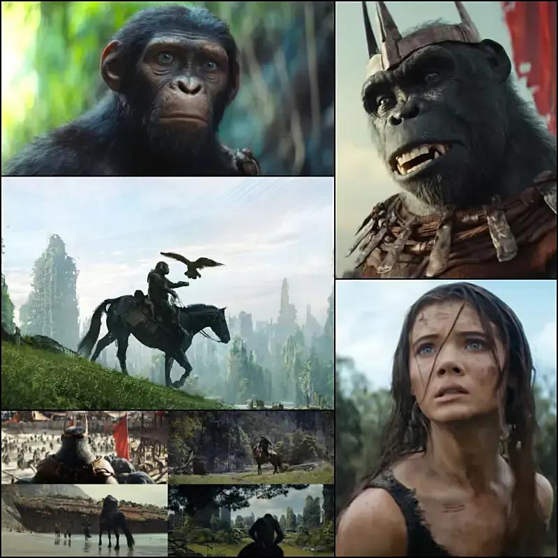 혹성탈출: 새로운 시대 주요 캐릭터들이 등장하는 장면