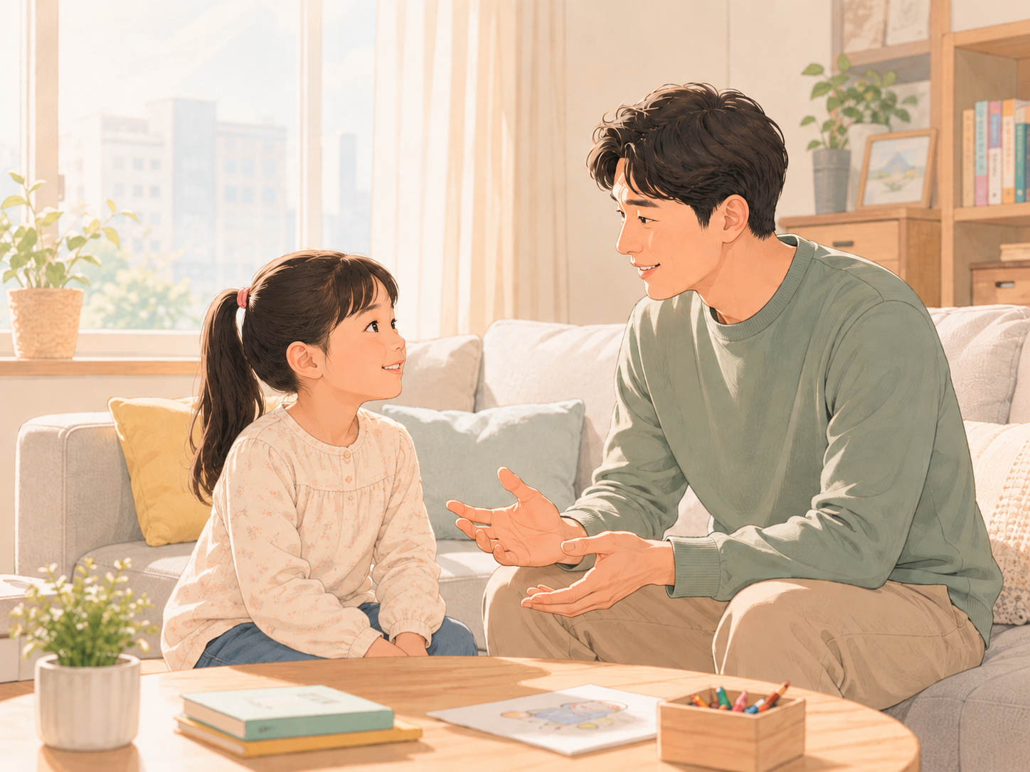 거실에서 부모와 초등학생 아이가 편안하게 대화하는 모습
