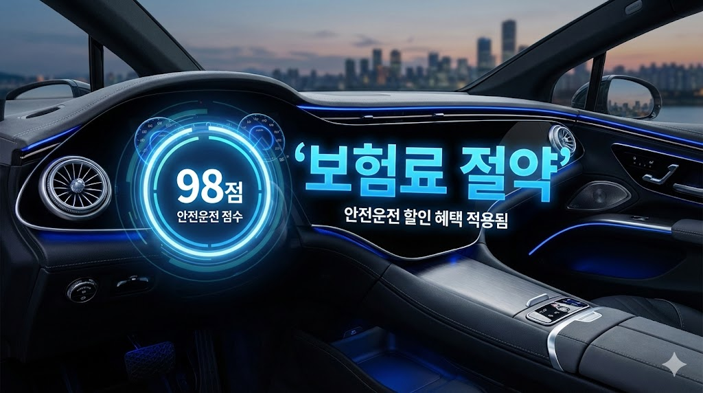 자동차 대시보드 화면에 표시된 보험료 절약 문구