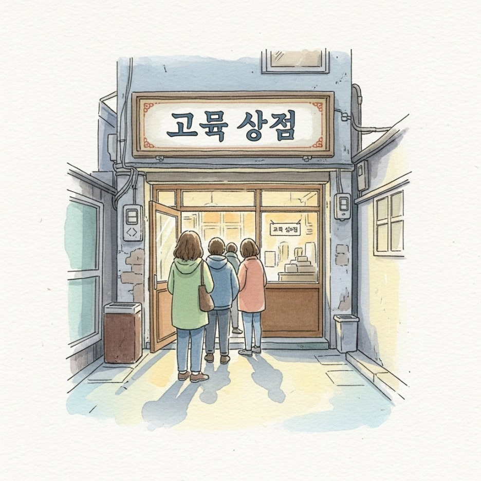 속초 현지의 정겨운 방앗간 앞 풍경과 방문객들의 모습