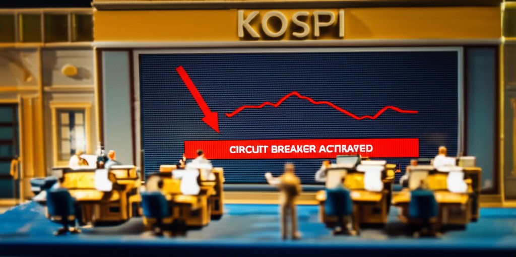 코스피 증시 급락과 매도 사이드카 발동 미니어처 디오라마 스타일, 틸트시프트 효과 이미지