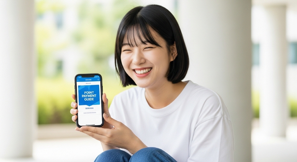 포인트 지급 안내가 표시된 스마트폰 화면과 함께 밝게 웃는 대학생