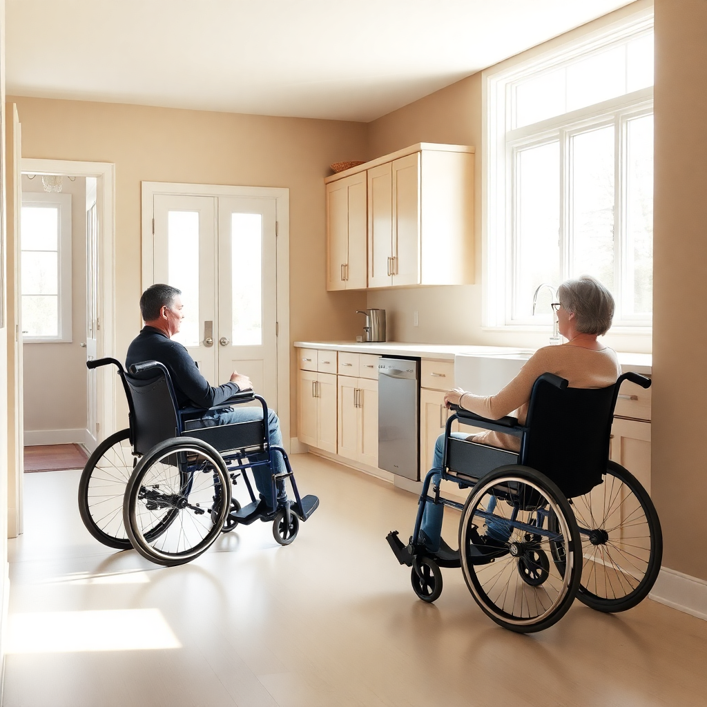 휠체어 사용자가 편리하게 이용할 수 있는 넓은 문과 동선, 높이 조절이 가능한 주방 싱크대 등, 장애인이 독립적이고 편리하게 생활할 수 있도록 설계된 공간의 세심한 배려를 보여줍니다. (예: 은평 다다름하우스 )