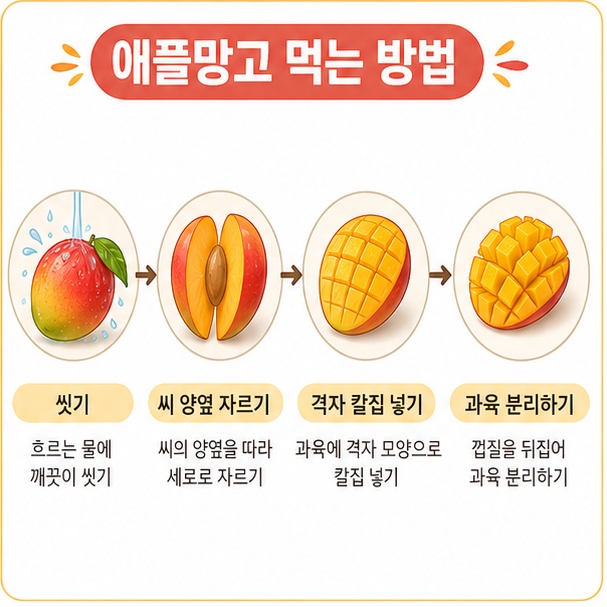 애플망고를 씻고 씨 양옆을 자른 뒤 격자 칼집을 넣어 과육을 분리하는 먹는 방법을 단계별로 보여주는 그림