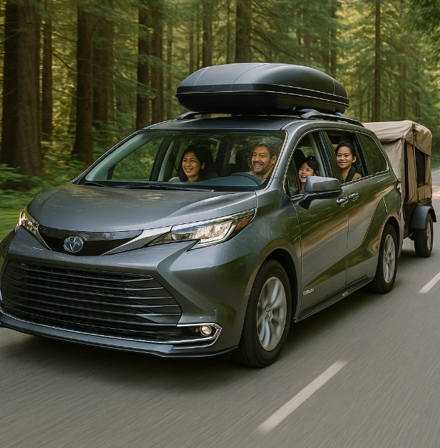 토요타 시에나 하이브리드를 타고 캠핑을 떠나는 가족사진
