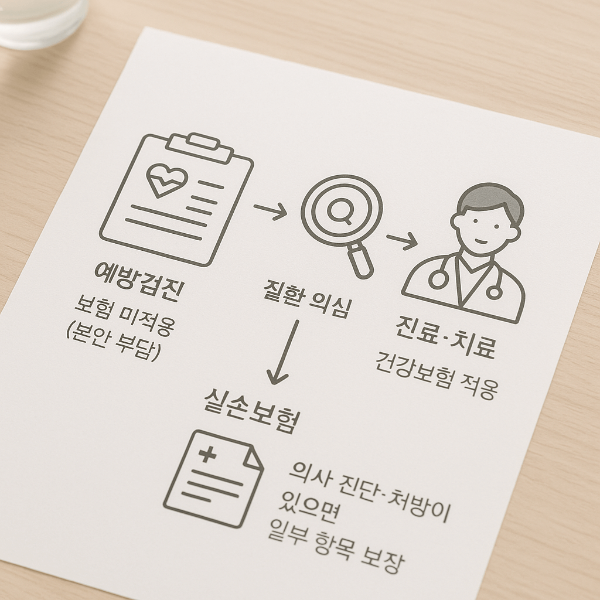 건강검진은 기본적으로 예방 목적이기 때문에 보험 적용이 제한적입니다. 다만, 검진 중 질환이 발견되어 진료로 전환되면 보험 적용이 가능합니다.