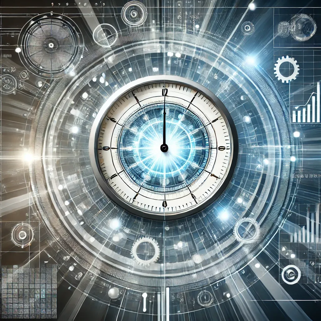 생산성과 창의성을 상징하는 추상적 이미지, 빛나는 시계와 기하학적 패턴