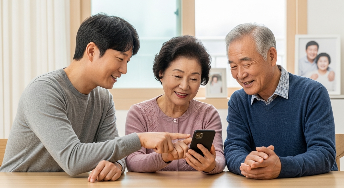 부모님과 함께 스마트폰을 배우며 웃음 짓는 따뜻한 오후의 순간