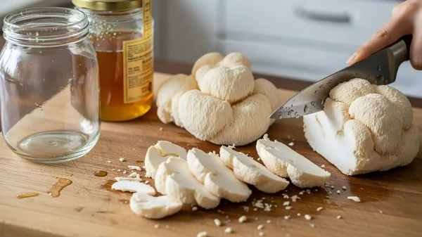 식탁에서 노루궁뎅이버섯을 도마위에 올려 놓고 꿀로 절이기 위해 손질하고 있는 모습