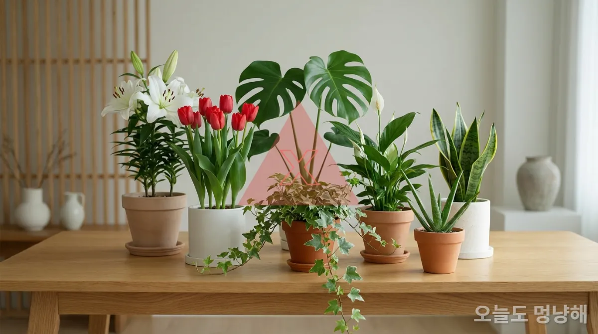 반려동물에게 위험한 7가지 독성 식물들이 놓인 모습