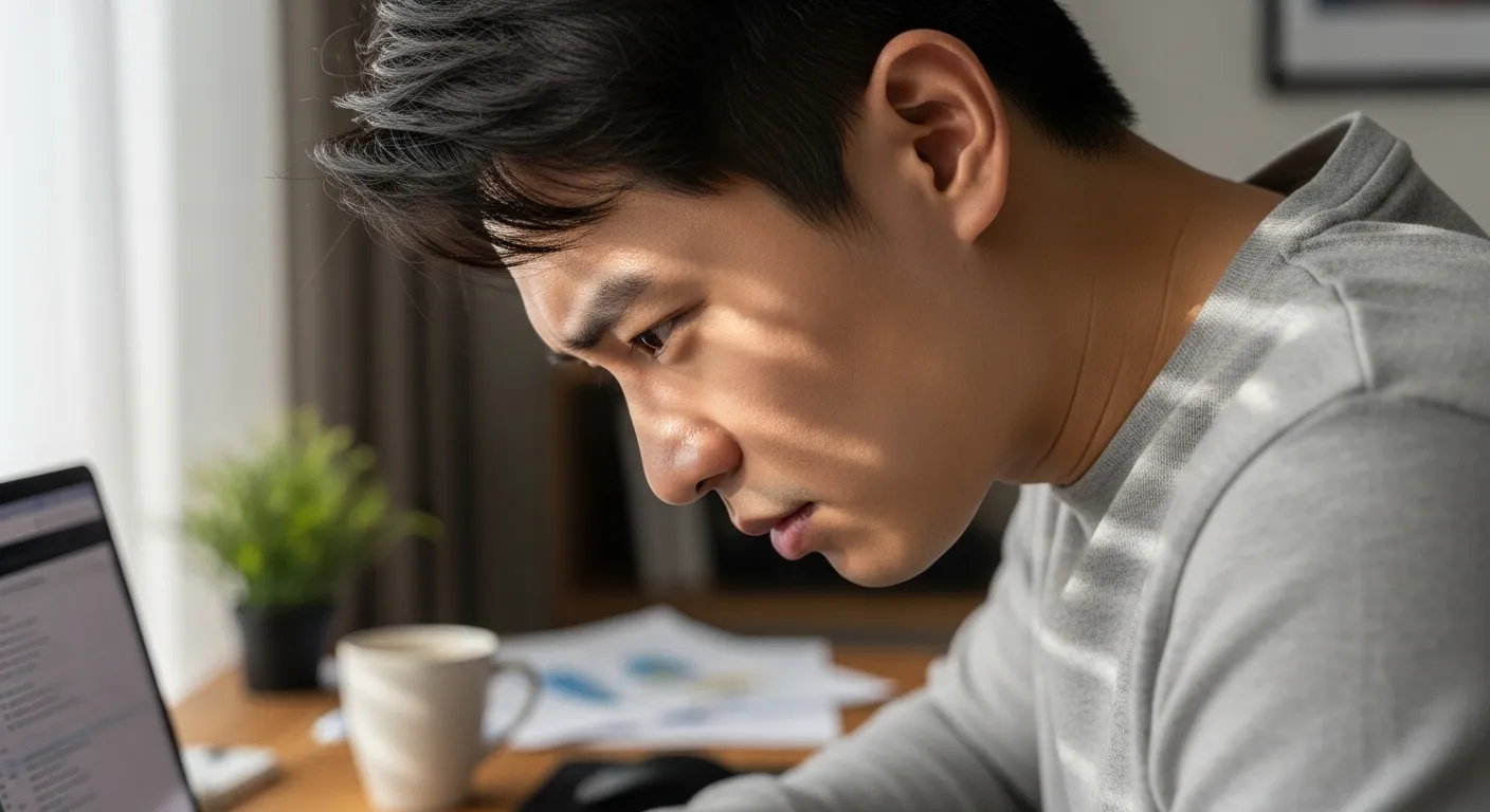 재택근무 중 노트북 앞에서 구부정한 자세로 목과 어깨에 통증을 느끼는 한국 남성의 모습.