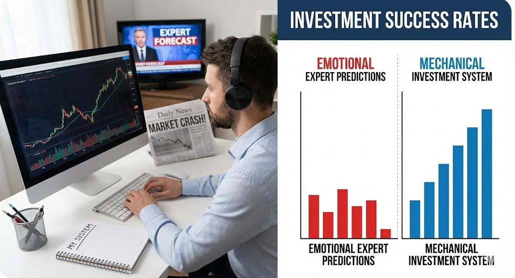 뉴스와 전문가 예측을 끄고 자신의 시스템에 집중하는 투자자의 모습