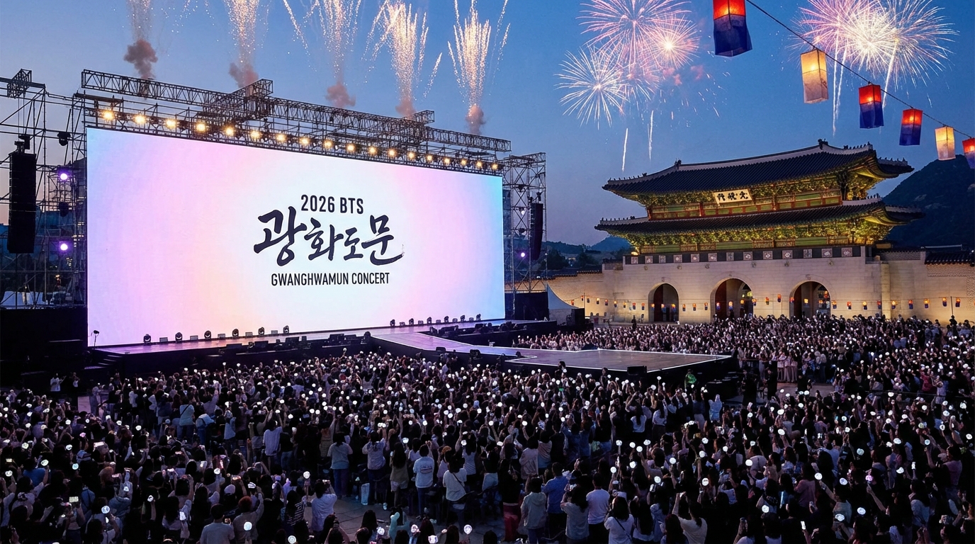광화문 광장 무대 위에서 강렬한 퍼포먼스를 선보이는 방탄소년단 멤버들