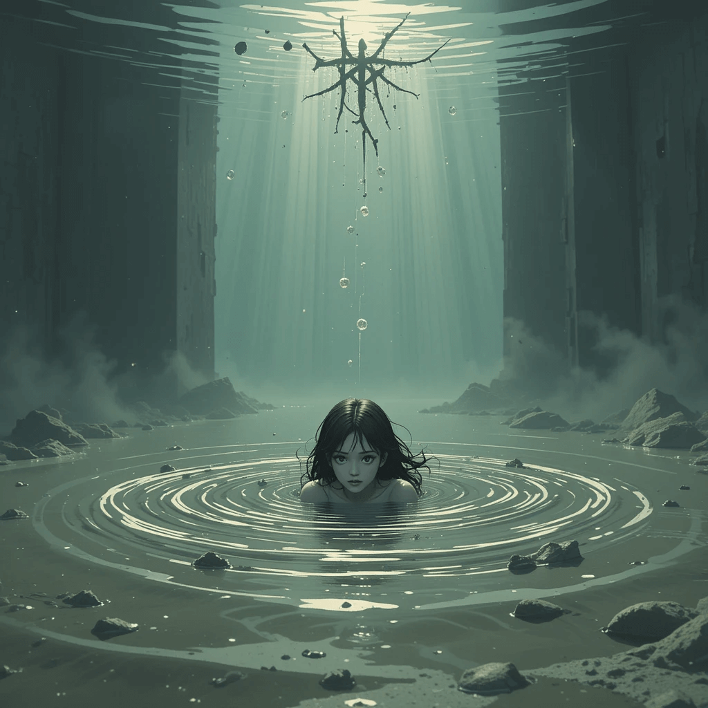 물(홍수)이 나오는 흉몽 중 탁한 물에 빠지는 꿈의 이미지입니다.