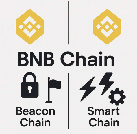 &lsquo;BNB Chain의 Beacon Chain과 Smart Chain 이중 구조&rsquo;라는 문구가 시각적으로 표현된 대표 이미지. 이 이미지는 보안과 거버넌스를 담당하는 Beacon Chain, 속도와 스마트 컨트랙트를 실행하는 Smart Chain의 역할을 각각 상징 아이콘으로 나타내며, 블로그 주제인 BNB 체인의 이중 구조 원리와 전략적 설계를 요약적으로 전달함 (BNB Chain dual architecture, Beacon vs Smart Chain, blockchain structure).