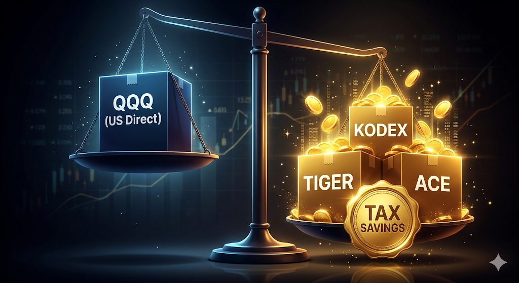 미국 QQQ와 국내 나스닥 ETF 3종을 저울에 올렸을 때 국내 ETF 쪽으로 '수익률'과 '절세' 추가 확 기울어져 있는 강렬한 그래픽