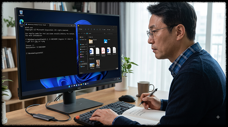 Windows File Recovery 명령어로 삭제된 문서와 사진을 검색해 복구하는 모습