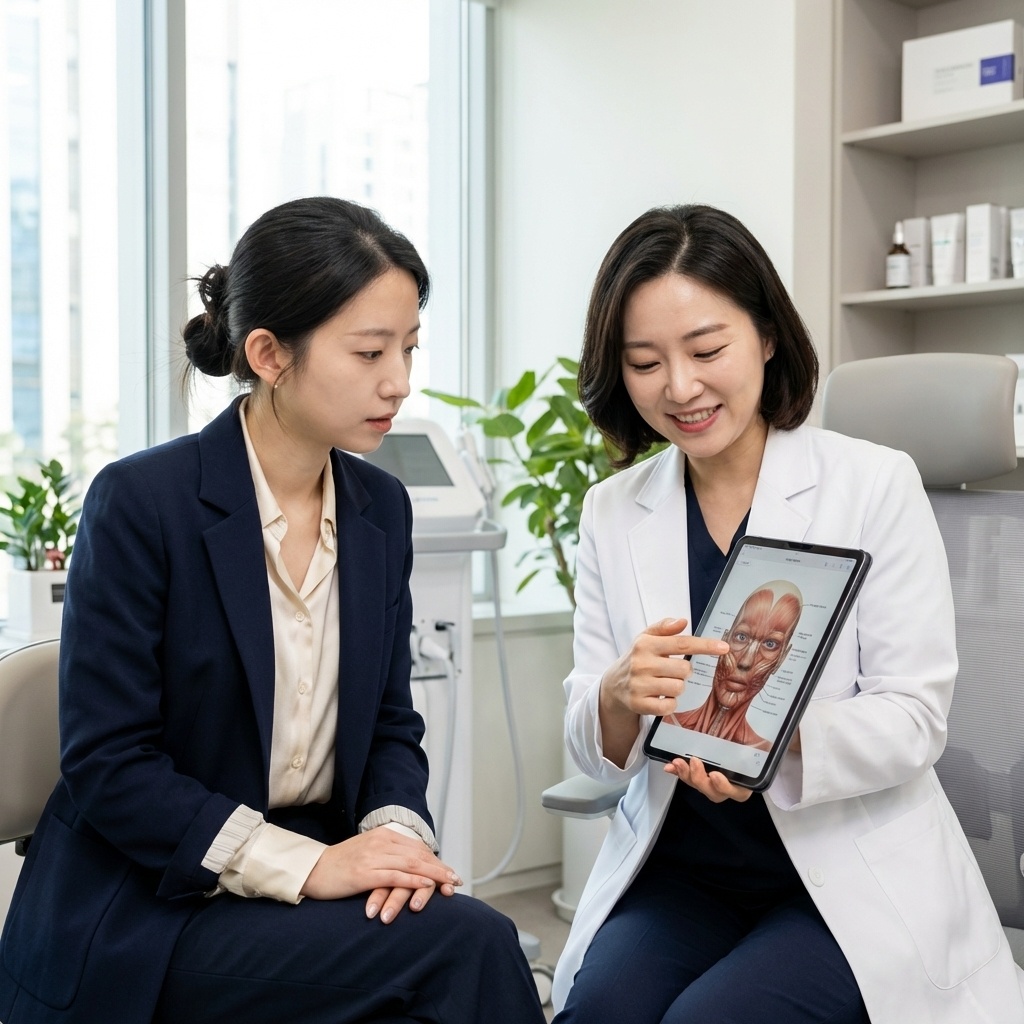 피부과 전문의와 턱보톡스 시술 후 관리에 대해 상담하는 30대 초반 한국 여성