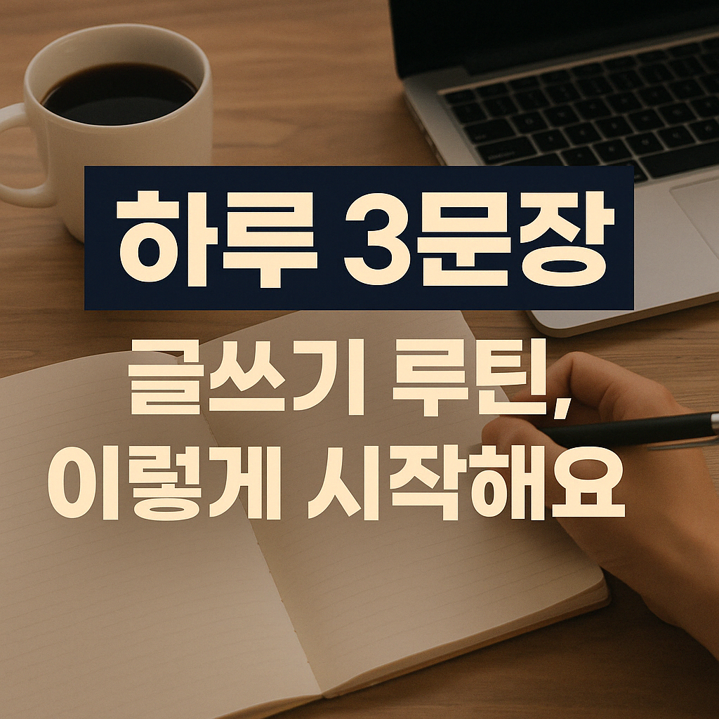 하루 3문장 , 글쓰기 루틴 시작하는 사진. 
노트, 노트북, 커피가 있는 사진