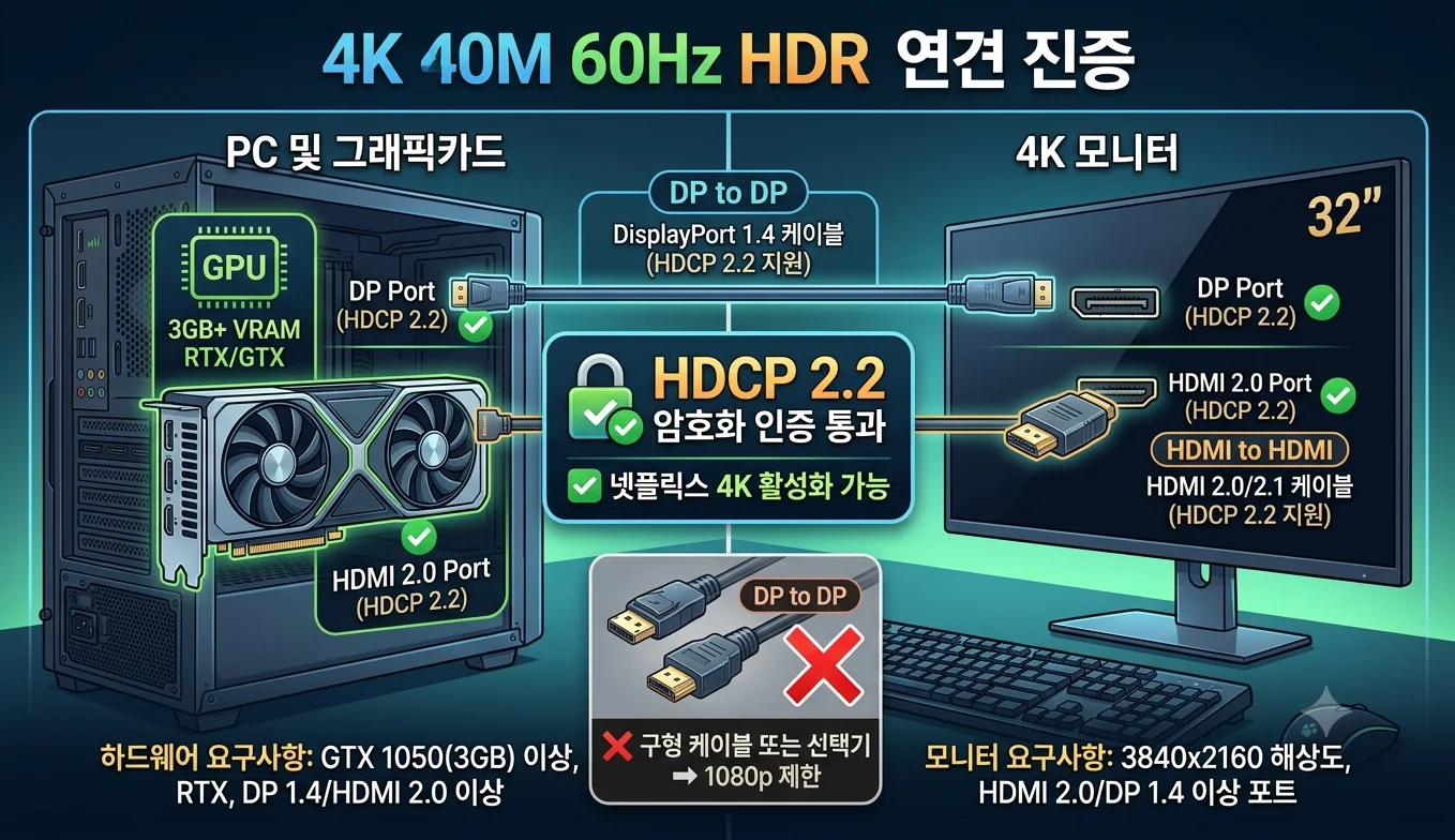 넷플릭스 4K 출력을 위한 4K UHD 모니터 및 HDCP 2.2 지원 케이블 규격 안내