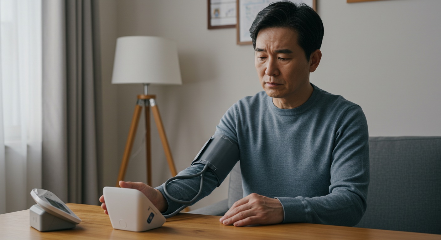 고혈압·당뇨 환자가 약을 복용하며 건강관리 기록을 작성하는 모습