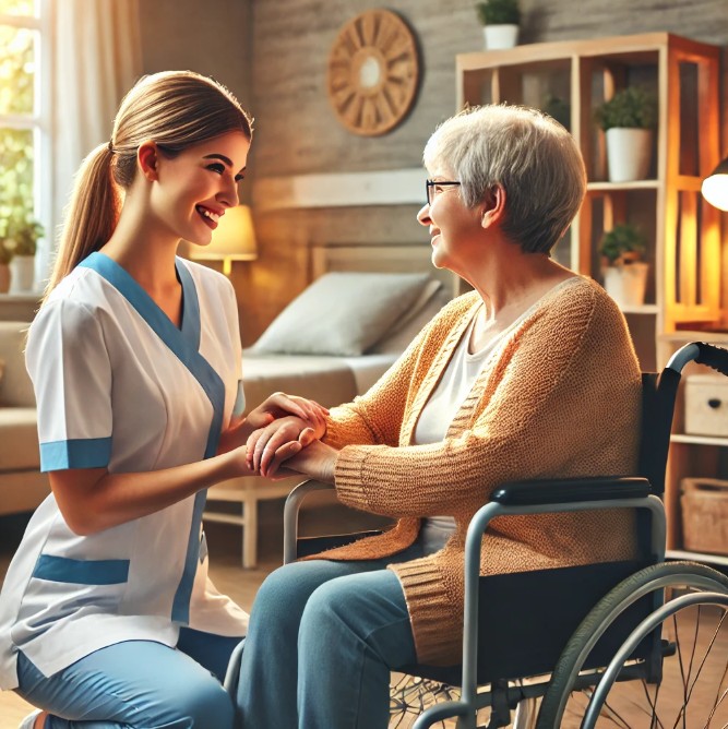 환자분이랑 대화하고 있는 요양보호사
