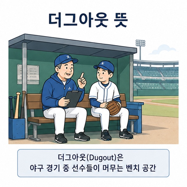 야구장에서 선수와 감독이 벤치에 앉아 있는 모습으로 표현한 더그아웃 뜻 안내 이미지
