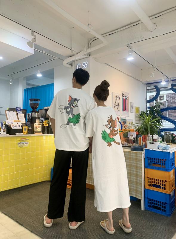 여름 휴가룩 커플룩 톰과제리 오버핏 티셔츠 롱 원피스